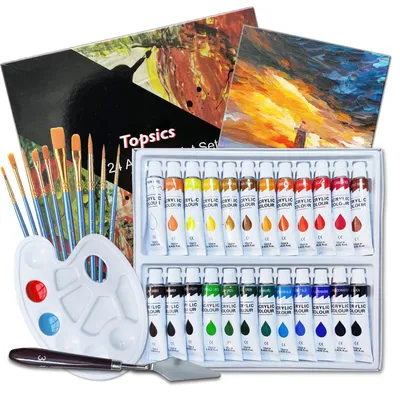 Acrylfarbset 37-teilig, 24 Farben à 12 ml, mit Pinseln, Palette, Leinwand