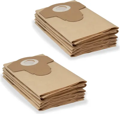 Two stacks of brown paper vacuum cleaner bags are shown against a white background.