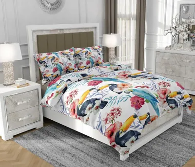 Produktbild von Bettwäsche 200x220 cm + 2x70x80 cm, 3-teilig, 100% Baumwolle, Satin, Reißverschluss, Blumen, Bunt - SOVIO | So.0066