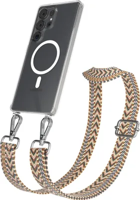 Produktbild von EAZY CASE - Handykette mit MagSafe Hülle für Samsung Galaxy S25 Ultra, Handyband ZigZag Style,Karabiner Silber, Umhängeband in Braun