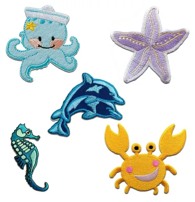 Produktbild von Aufnäher für Kinder - Strand Meerestiere Set 5 Stück - Aufnäher, Bügelbild, Aufbügler, Applikationen, Patches, Zum Aufbügeln