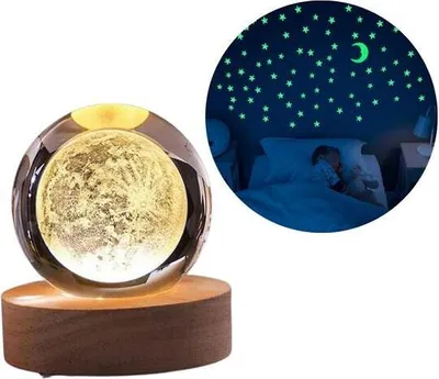 Image de lot de 2 lampes de chevet LED cristal Lune 3D et lot de 50 stickers muraux étoiles fluorescentes - LUMBNIGHTMOON