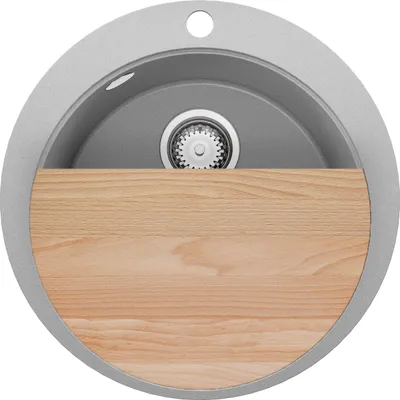 Produktbild von PRIMAGRAN Spülbecken Rund Grau 53x53cm, Granitspüle 1 Becken + Ablauf-Set + Schneidebrett, Küchenspüle ab 50er Unterschrank - Pisa Max