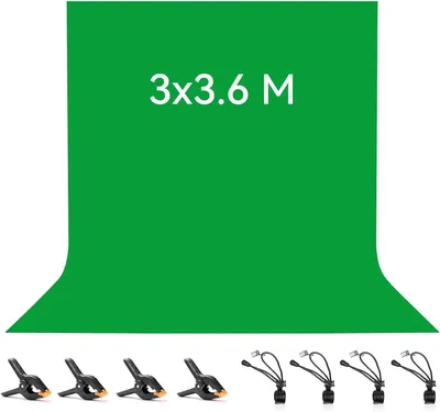 Obrázok produktu pre Fotografické pozadie 3 x 3,6 m, zelené plátno, 100% polyester, 4 štúdiové svorky, pre fotoštúdio