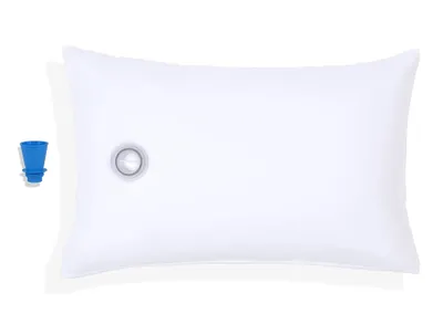 A white pillow with a blue cap next to it, on a white background.