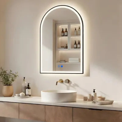 Obrázek produktu pro Koupelnové zrcadlo ARTFORMA LED, obloukové, 70 x 100 cm, matná černá, s dotykovým ovládáním a ochranou proti zamlžování