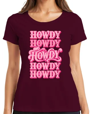 Produktbild von Howdy Dolly Parton Cowgirl Western Country Hut Pink Retro Rodeo Damen T-Shirt, Burgundy, XL