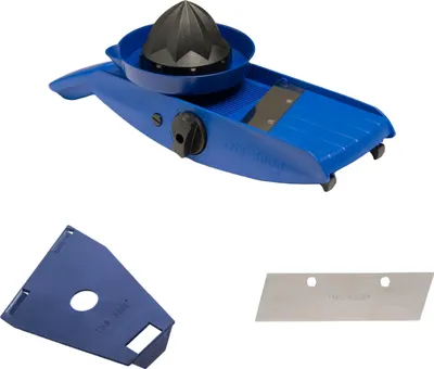 A blue and black vegetable slicer with a black juicer attachment, along with a blue accessory and a silver blade, are displayed against a white background.