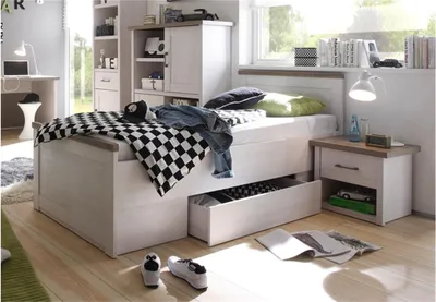 Produktbild von Jugendbett Luca mit Nachtkommode Pinie weiß und Trüffel