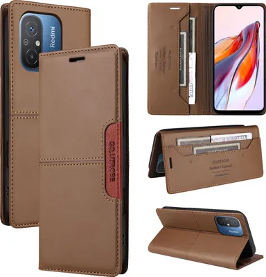 Image de Etui pour Xiaomi Redmi 12C/Redmi 11A/Poco C55, étui portefeuille en cuir avec fente pour cartes et support Marron