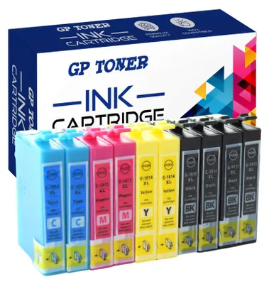 A box of GP Toner ink cartridges with several cartridges displayed in front of it.
