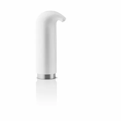 A white soap dispenser with a silver base, shown in isolation against a white background.