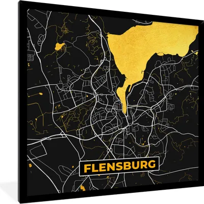 Produktbild von MuchoWow® Gerahmtes Poster Flensburg - Gold - Stadtplan - Karte - Deutschland 40x40 cm - Poster mit Schwarzem Bilderrahmen Wandposter Rahmen Foto Bilder - Mit Rahmen - Wanddekoration Schlafzimmer