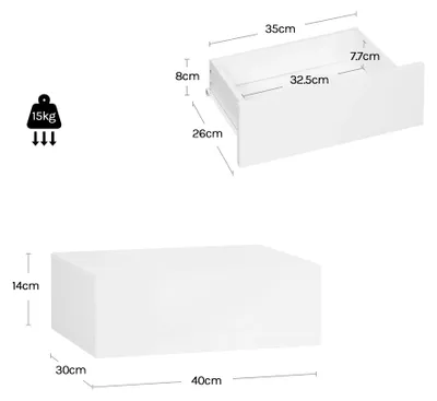 Produktbild von 2er-Set wandmontierte Nachttische - Hängender Nachttisch - Mit Schublade - Holz - 40 x 14 x 30 cm - Weiß - Moderner Stil