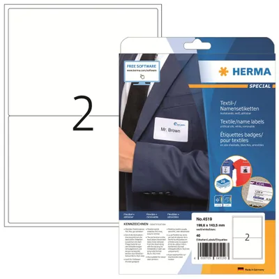 Produktbild von HERMA 4519 Namensetiketten ablösbar, 20 Blatt, 199,6 x 143,5 mm, 2 pro A4 Bogen, 40 Stück, selbstklebend, bedruckbar, rückstandsfrei abziehbare Acetatseide Namensaufkleber Etiketten, weiß