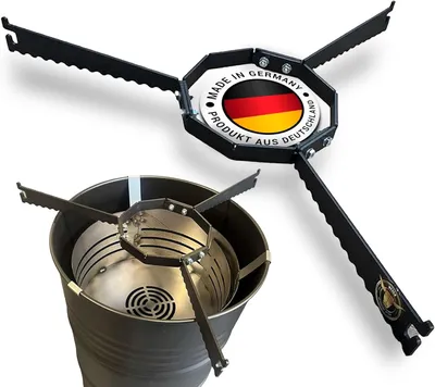 A product shot of a metal stand with three legs, designed to hold a fire plate or fire barrel. The stand is shown both separately and placed inside a metal barrel.
