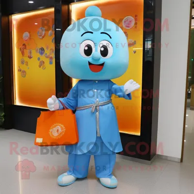 Productafbeelding van Sky Blue Mandarin mascotte REDBROKOLY kostuum karakter gekleed met een Henley-shirt en clutch bags