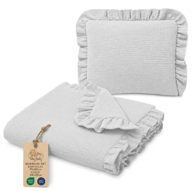 Produktbild von Muselin-Decke für Babys, Set mit Kissen, 75x60 cm, Grau