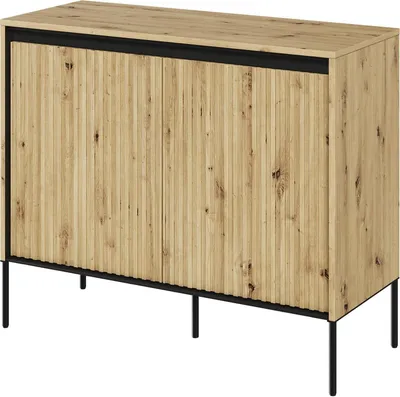 Produktbild von Kommode TREND TR-02 mit 2 Türen LED-Beleuchtung Sideboard 98 x 83 cm Mehrzweckschrank Anrichte Schrank Highboard Push-to-Open Modern Geriffelt (Artisan Eiche)