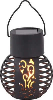 A black solar-powered lantern with a flame effect.
