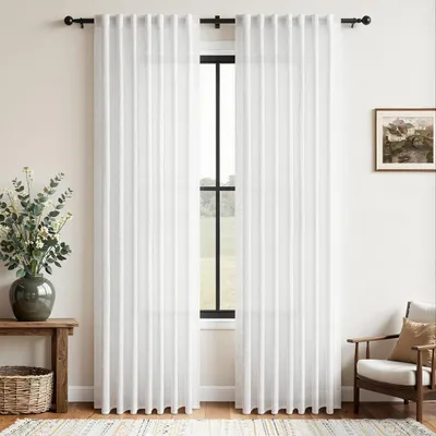 Obrázek produktu pro Záclony, poloprůhledné, bílé, s vzhledem lnu, sada 2 kusů, rozměry 200 cm (výška) x 140 cm (šířka)
