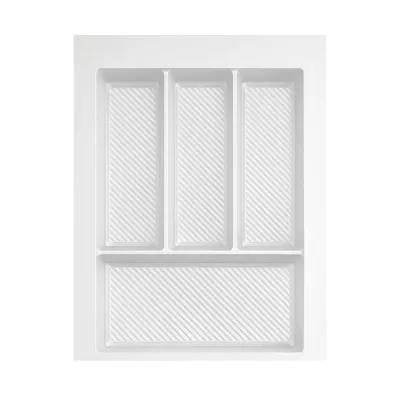 Image de Range-couverts pour tiroir de 40 cm Blanc – Découpable (L : 29-35 cm x P : 42-49 cm) – Range-couverts en plastique – 4 compartiments – Fond antidérapant rainuré