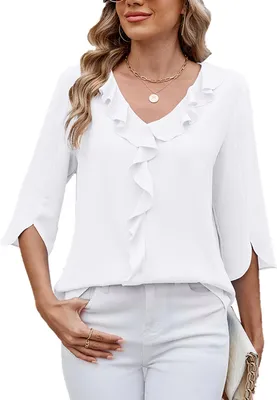 Produktbild von ASKSA Damen T-Shirt 3/4 aermel Rueschen Bluse V-Ausschnitt Sommer Elegant Einfarbig Lose Laessig Arbeits Tunika Shirts Oberteile (Weiss,M)