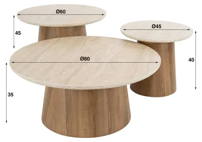 Productafbeelding van FURNLUX salontafel Romano, beige en eikenhout, 80 cm (3-delig) / Hoofdkleur: Beige / Afmetingen: 80 x 35 x 80 cm