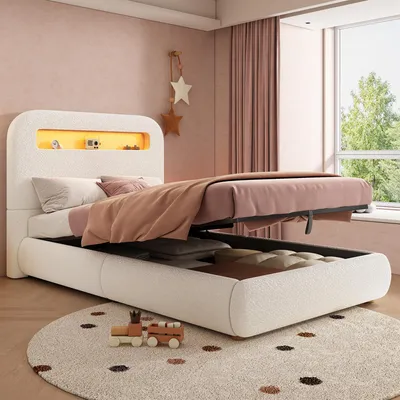 Produktbild von Merax hydraulisches Polsterbett 90x200 cm mit LED-Beleuchtung, Kinderbett Einzelbett mit Stauraum, Funktionsbett mit Lattenrost, Bouclé, Weiß