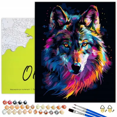 Zdjęcie produktu dla Oh Art! Painting by Numbers Animals - Colourful Wolf 50x40 cm czarne płótno, 28 kolorów w zestawie z pędzlami, farbami akrylowymi i kompletnymi akcesoriami