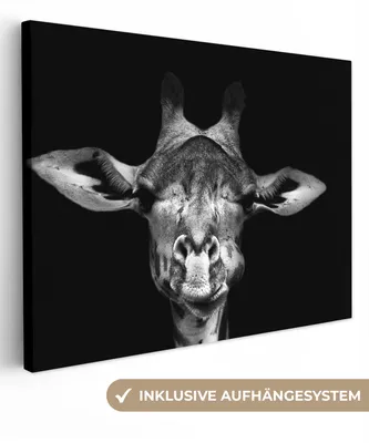 Produktbild von MuchoWow® - Leinwandbilder - Giraffe - Porträt - Tiere - Schwarz - Weiß, Wandbild, Wanddeko Bilder Wohnzimmer, 40x30 cm