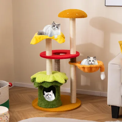 Image de Arbre à chat COSTWAY 117cm, thème hamburger, arbre à chat avec panier comme lit, griffoir en sisal, grotte&plateformes pour chats, arbre à grimper, arbre à chat, multicolore
