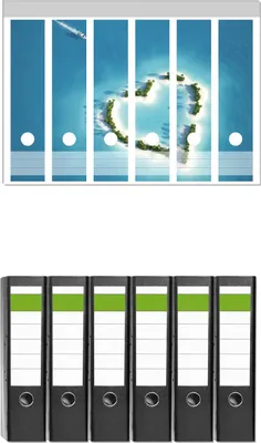 Produktbild von Wallario 6 Stück breite Ordner inkl. Klebeetiketten mit Motive Insel mit Herz -  Set mit Rückenschildern / Ordnerrücken Stickern