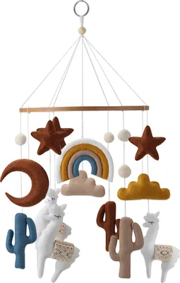 Produktbild von Zayno® Mobile "Wüste" mit Alpakas, Kakteen und Himmelsmotiven in Naturfarben | Windspiel für Krippe, Babybett, Einschlafhilfe, Babygeschenk Geburt