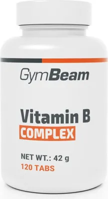 A white bottle of GymBeam Vitamin B Complex tablets.