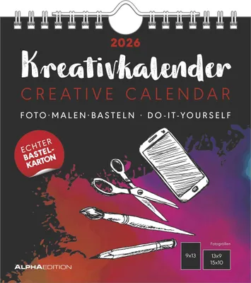 Produktbild von Kreativ-Kalender schwarz 2026 - 16x17 cm - Foto, Malen, Bast