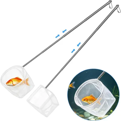 Zdjęcie produktu dla Siatka do akwarium i stawu, 2 sztuki, o drobnych oczkach, z teleskopowym uchwytem ze stali nierdzewnej, rozkładana do długości 13-39 cm, do czyszczenia