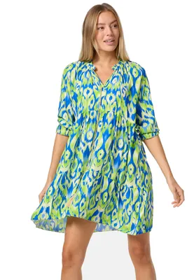 Produktbild von PM SELECTED Damen Mini Tunika Kleid mit Print Hemdblusenkleid Sommer Kleid PM31 Grün - Blau Einheitsgröße Gr. 34 - 38