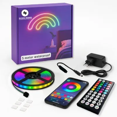 Produktbild von LED-Streifen 5 Meter – Wasserdicht IP65 – RGB – mit Fernbedienung und Telefon-App – LED-Streifen wasserdicht – dimmbar – Außenbeleuchtung – Timer und Musikmodus – LED-Leuchten – Smart Home