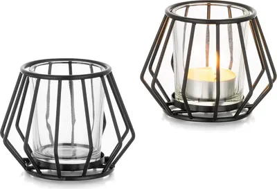 Image de Romadedi Porte-bougies à réchaud Noir Métal Set de 2 pour salon Décoration de table