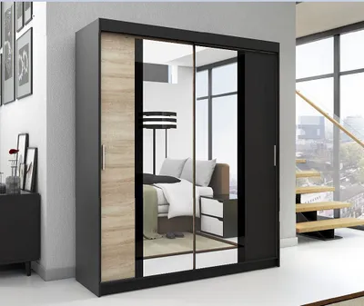 Produktbild von Schwebetürenschrank, 2-türig Schrank mit Spiegel, Kleiderschrank BRANI 180 Farbe: Schwarz / sonoma / schwarz