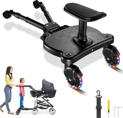 Obrázek produktu pro Kočárek s odrážedlem – přípojná plošina – univerzální upevnění – odnímatelné sedátko – světelné kolečka otočná o 360° – pro 2 děti – do 25 kg – černá barva
