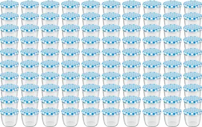 Produktbild von WELLGRO Einmachgläser mit Schraubdeckel - 230 ml, 8,5 x 6,5 cm (ØxH), Glas / Metall, blau karierte Deckel To 82, Gläser  Germany, verschiedene Mengen wählbar, Stückzahl:100 Stück