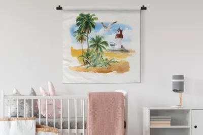 Produktbild von MuchoWow® Wandteppich Wandbehang Leuchtturm - Palme - Vogel - Strand 90x90 cm Tapisserie Dekoration Wandtuch - Wandaufhänger