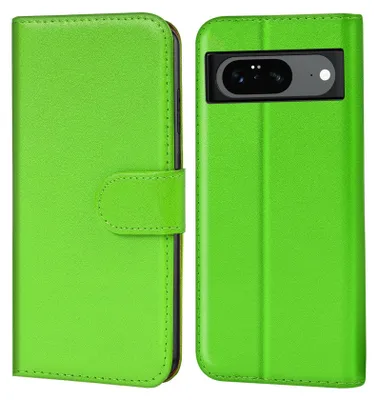 A green book-style phone case for a Google Pixel 8 is shown from the front and back.