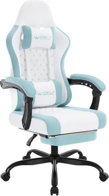 A white and blue gaming chair with a black base and wheels.