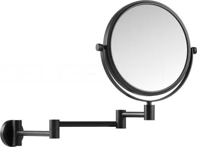 A black, adjustable wall-mounted cosmetic mirror with a three-arm extension.