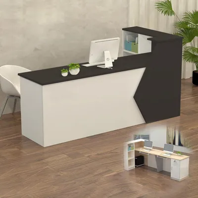 Image de Comptoir de réception, comptoir d'accueil, présentoir de en bois avec espace de rangement, de 100 à 300 cm, noir et blanc, dimensions : 300x60x100 cm