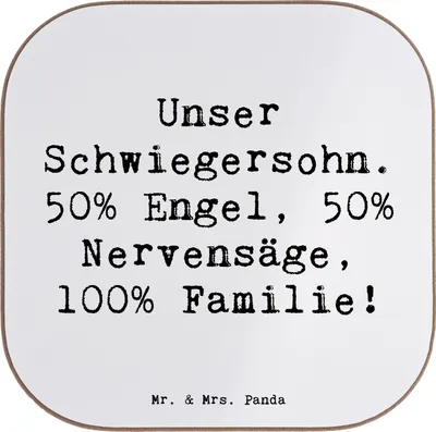 Produktbild von Mr. & Mrs. Panda Personalisierter Bierdeckel Schwiegersohn Engel Nervensäge - Weiß - Geschenk, Flaschenuntersetzer, Schwiegereltern, Geschenke, Dankbarkeit, Beziehung