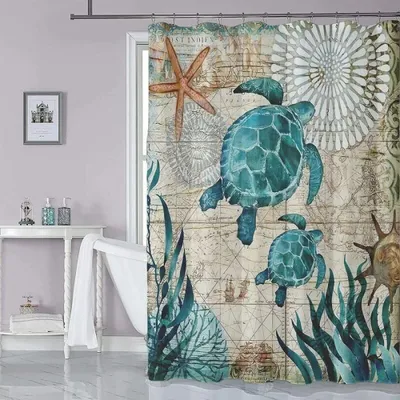 Produktbild von Duschvorhang 180 x 200 cm mit 12 Haken, schnelltrocknend (Meeresschildkrötenmuster), wasserdichtes Polyestergewebe, maschinenwaschbar